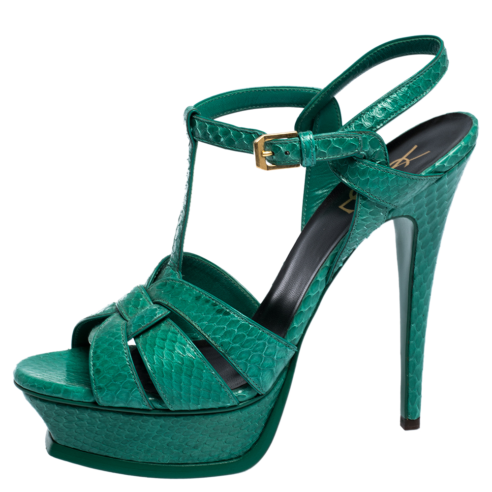 

Saint Laurent Paris Green Python Tribute Platform Ankle Strap Sandals Size
