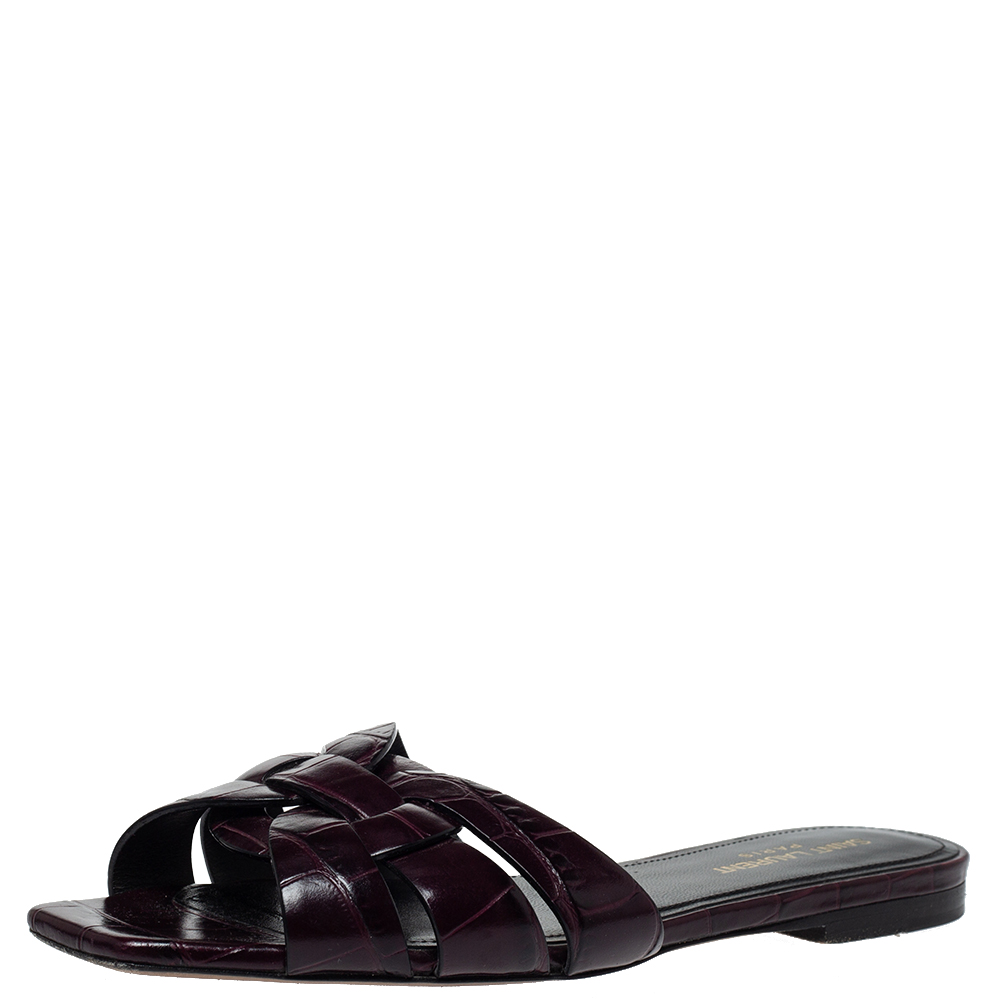 Pre Owned Saint Laurent Puple Croc Embossed Leather Tribute Flat Slides Size 38