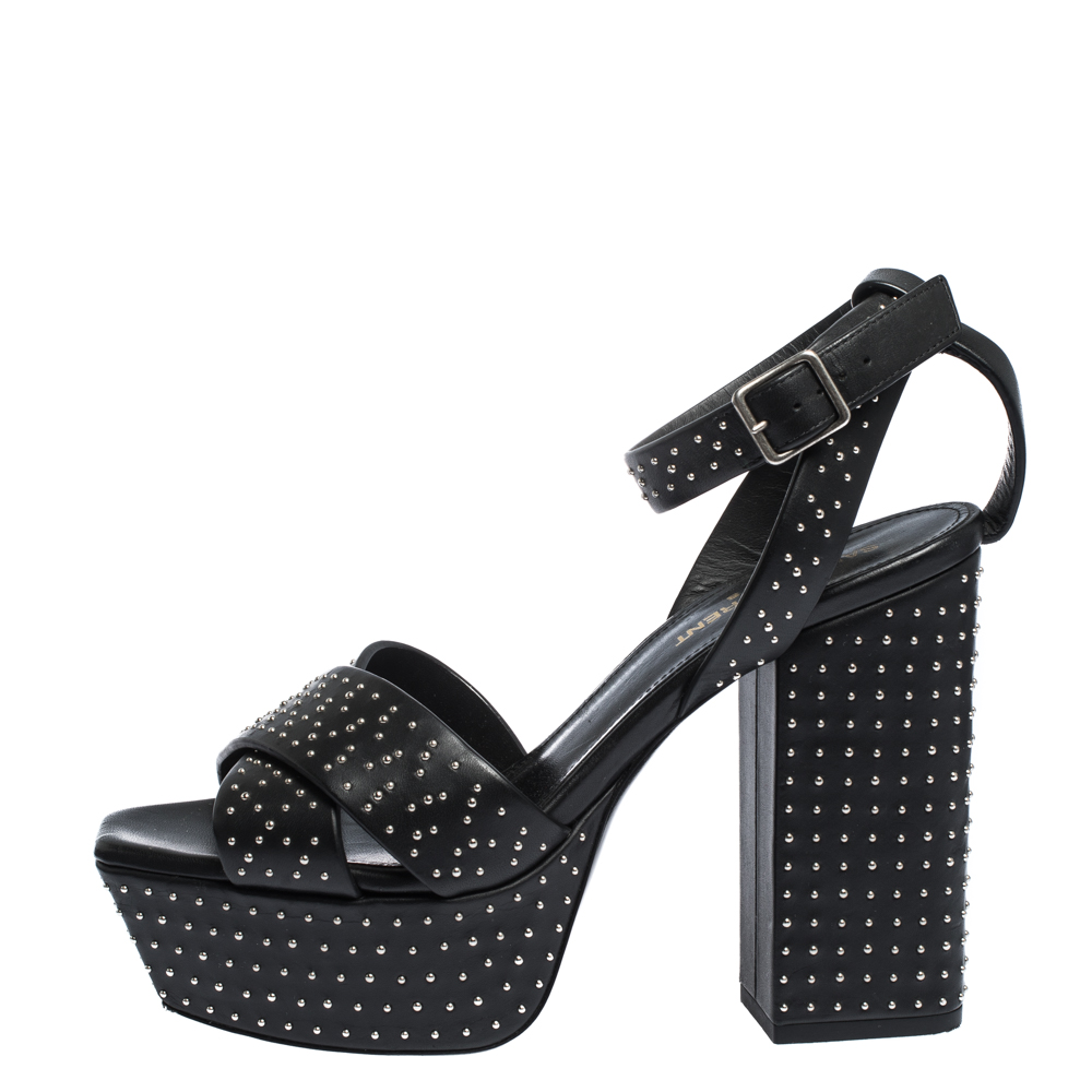 

Saint Laurent Paris Black Leather Studded Farrah Criss Cross Platform Sandals Size