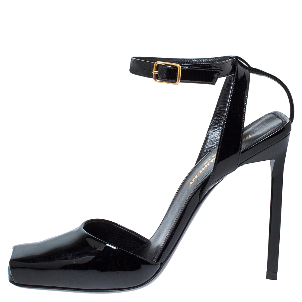 

Saint Laurent Paris Black Patent Leather Edie Ankle Strap Sandals Size