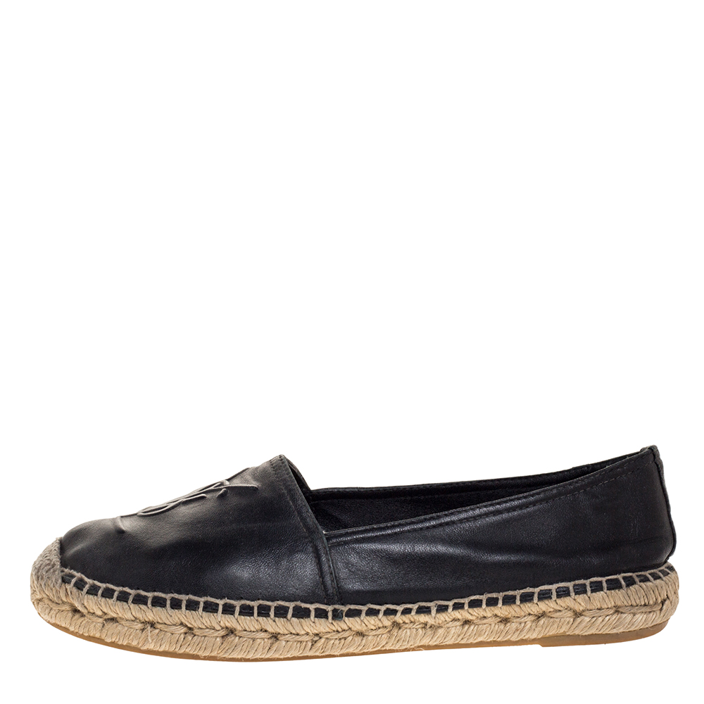 

Saint Laurent Paris Black Leather Logo Embossed Espadrille Flats Size