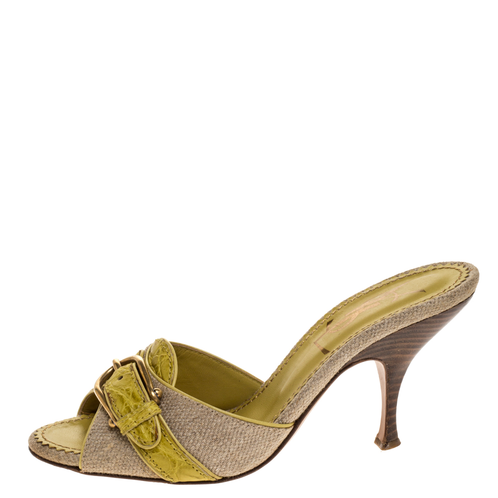 

Yves Saint Laurent Grey Canvas And Yellow Croc Embossed Trim Buckle Detail Slide Mule Size