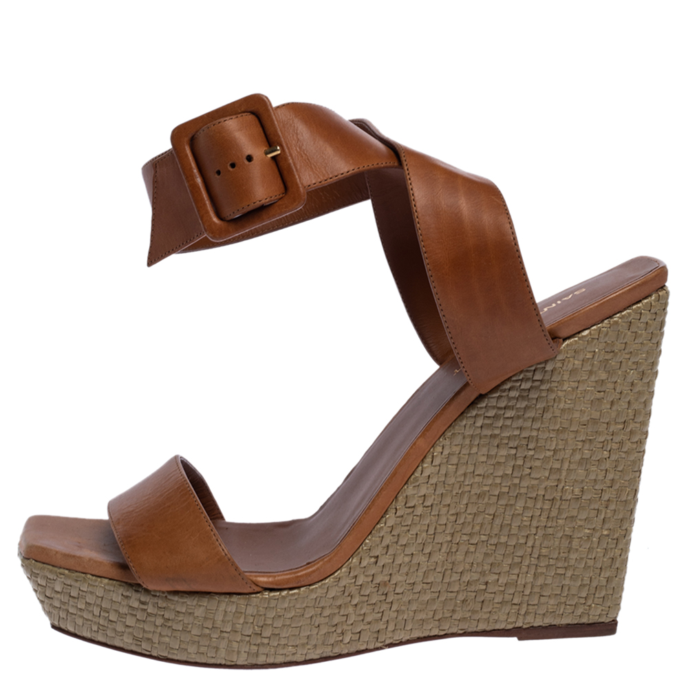 

Saint Laurent Paris Brown Leather Square Toe Raffia Wedge Platform Sandals