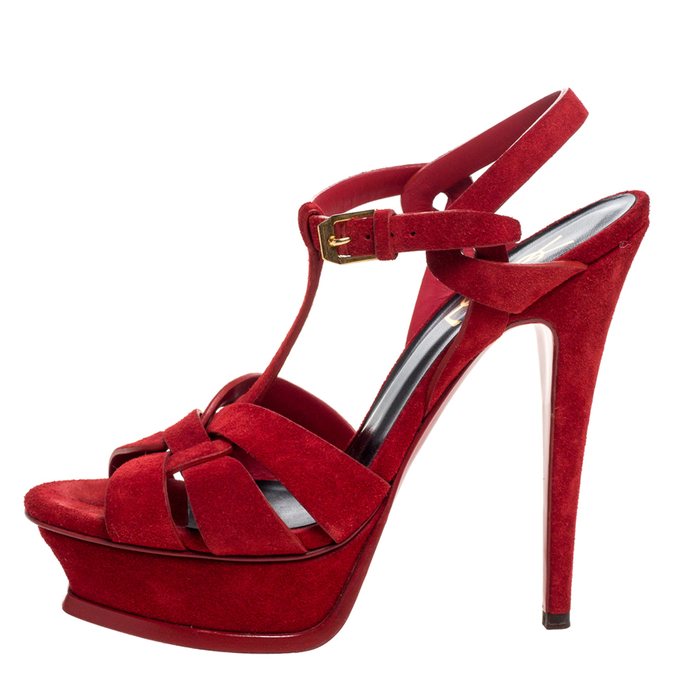 

Saint Laurent Paris Red Suede Tribute Platform Sandals Size