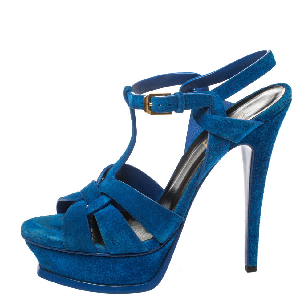 

Saint Laurent Paris Blue Suede Platform Tribute Sandals Size