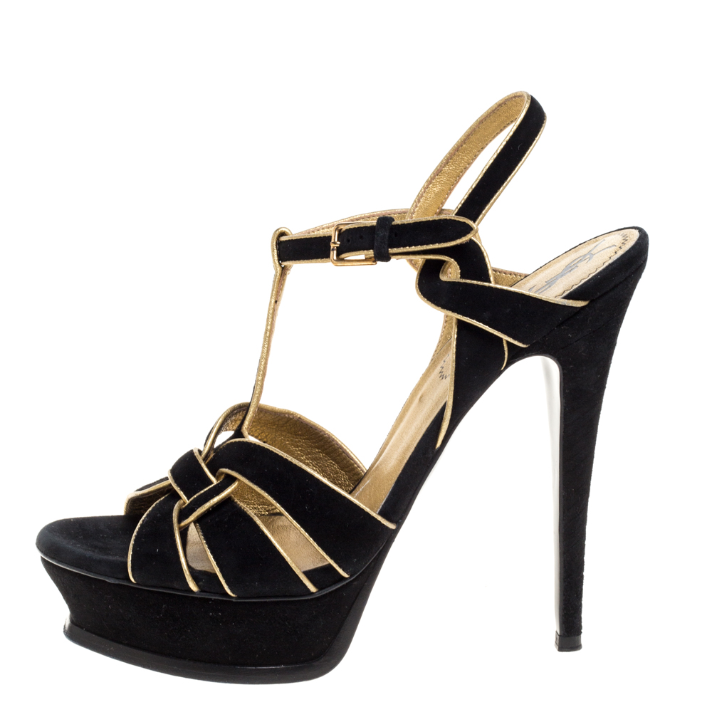 

Saint Laurent Paris Black Suede Leather Tribute Platform Ankle Strap Sandals Size