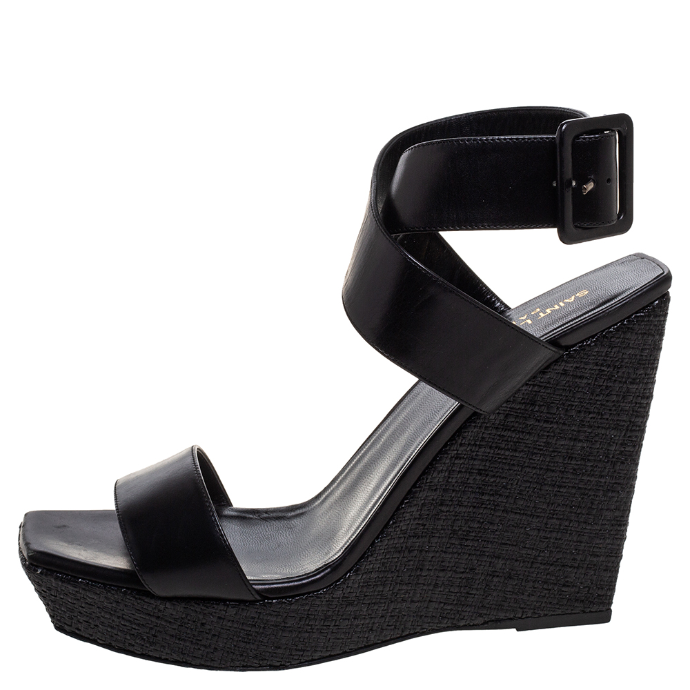 

Saint Laurent Paris Black Leather Ankle Strap Wedge Platform Sandals Size