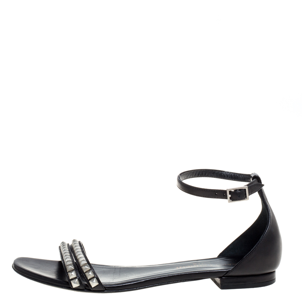 

Saint Laurent Paris Black Leather Studded Ankle Strap Flats Size