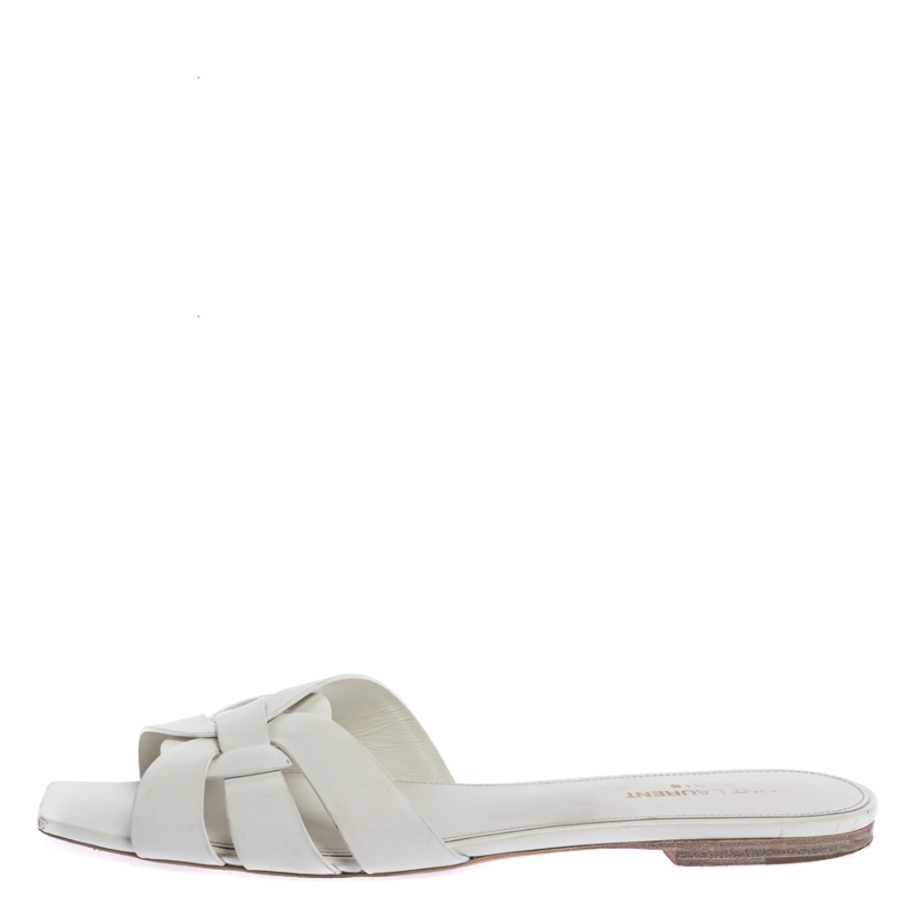 

Saint Laurent White Leather Tribute Flat Slides Size