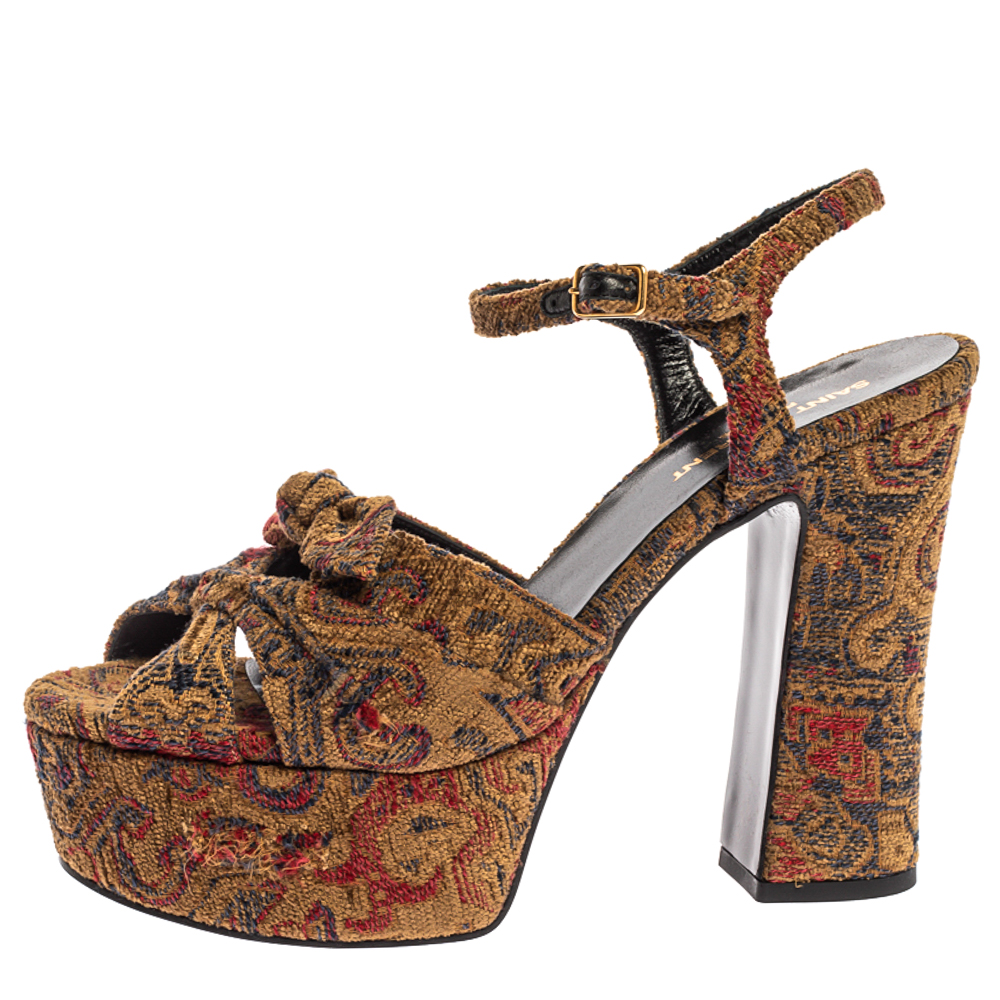 

Saint Laurent Multicolor Brocade Fabric Candy Bow Platform Sandals Size