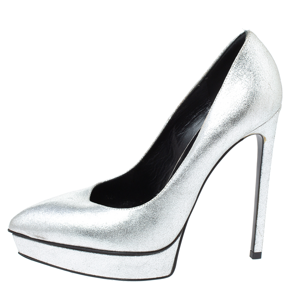 

Saint Laurent Paris Metallic Silver Leather Janis Platform Pumps Size