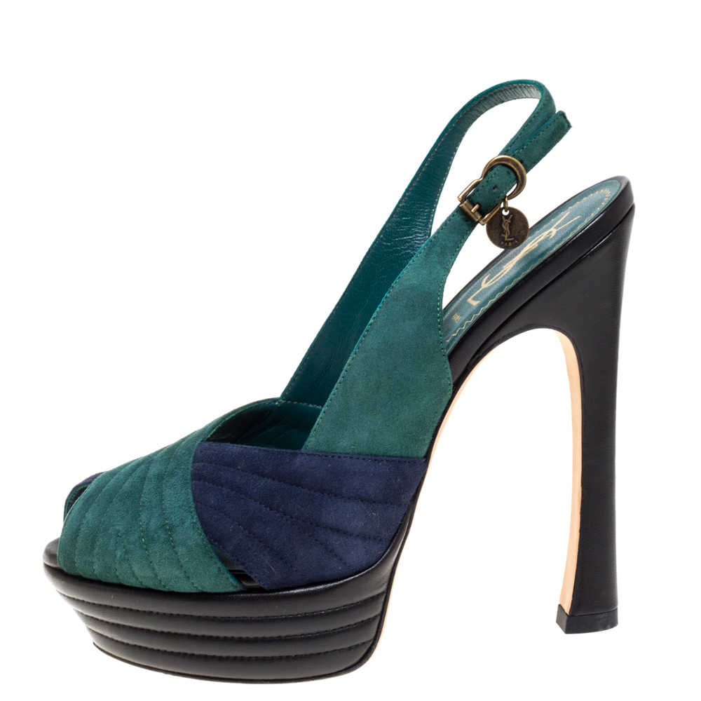 

Saint Laurent Paris Green/Blue Suede and Leather Criss Cross Platform Slingback Sandals Size