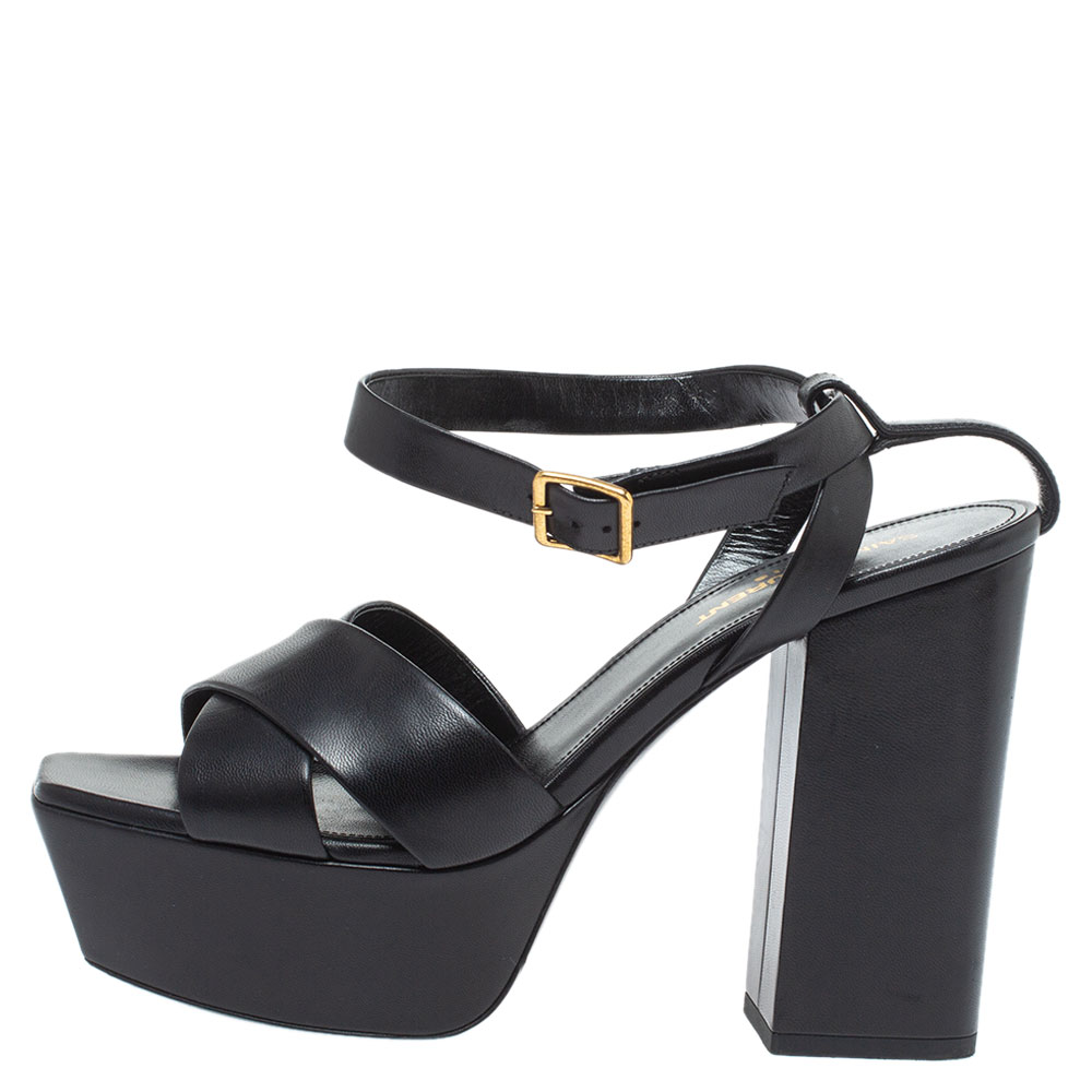 

Saint Laurent Paris Black Leather Farrah Platform Ankle Strap Sandals Size