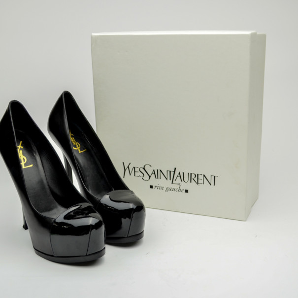 Yves Saint Laurent Black Patent Tribute Two Cap Toe Escarpin Pumps Size  38.5 Saint Laurent Paris