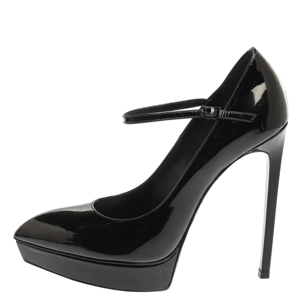 

Saint Laurent Paris Black Patent Leather Pointed Toe Ankle Strap Platform Pumps Size