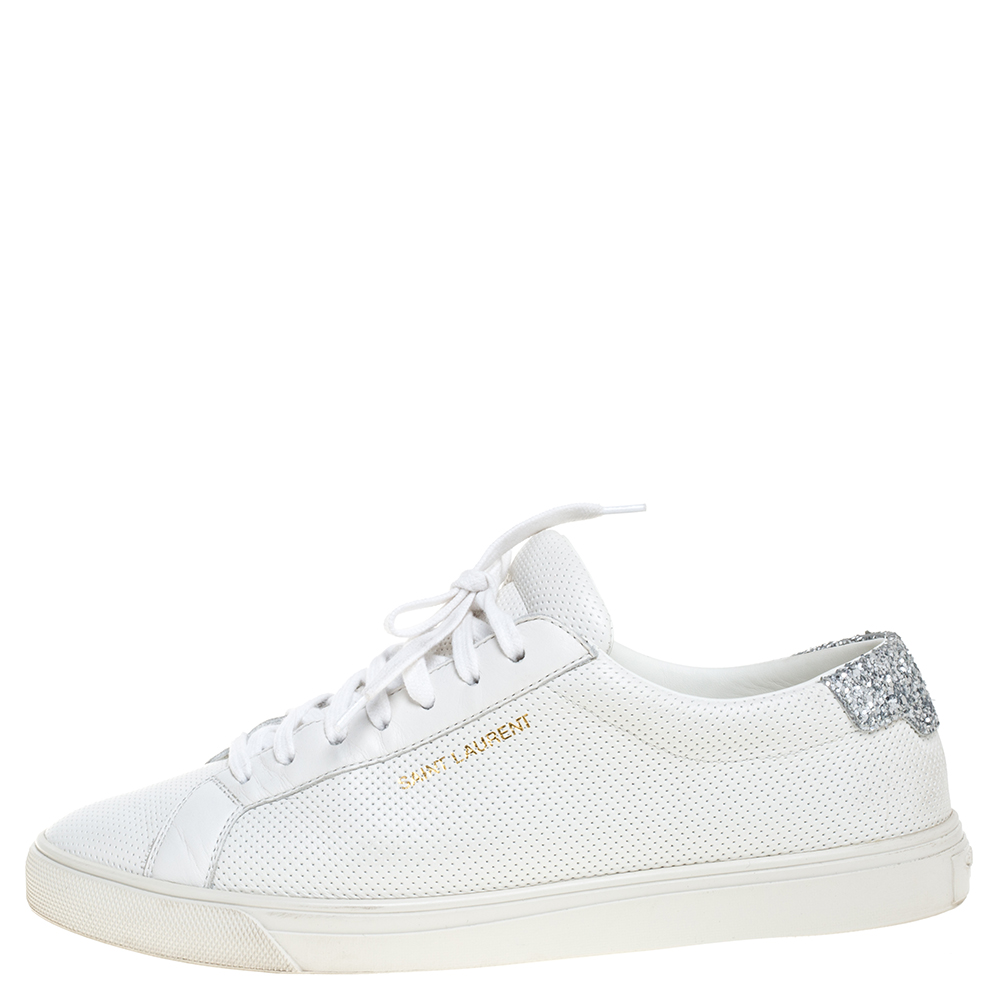 

Saint Laurent White Perforated Leather Glitter Andy Low Top Sneakers Size