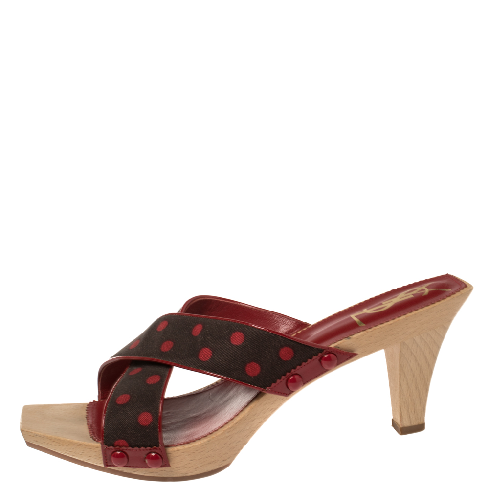 

Saint Laurent Paris Brown/Red Polka Dot Printed Fabric Cross Strap Wooden Slides Size