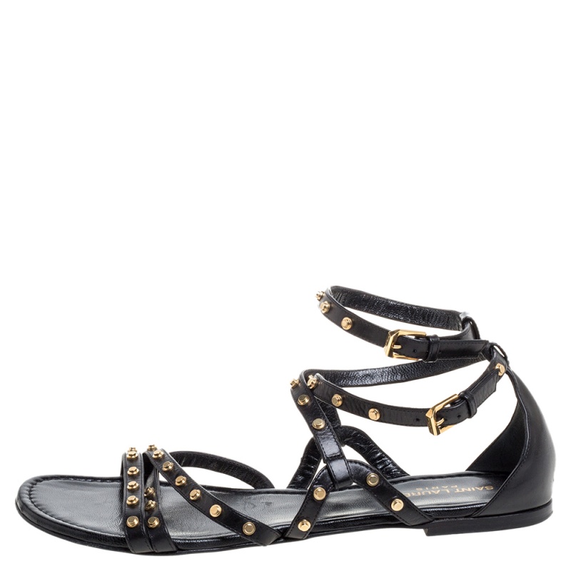 

Saint Laurent Black Leather Studded Strappy Flat Sandals