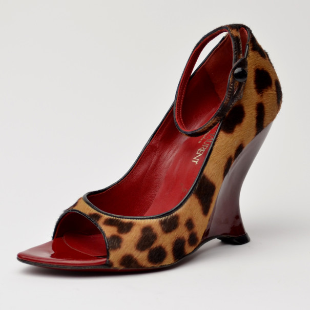 Pre Owned Yves Saint Laurent Leopard Pony Hair Peep toe Wedges Size 35.5