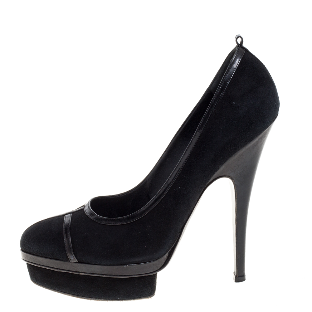 

Saint Laurent Paris Black Suede and Patent Leather Trim Platform Pumps Size