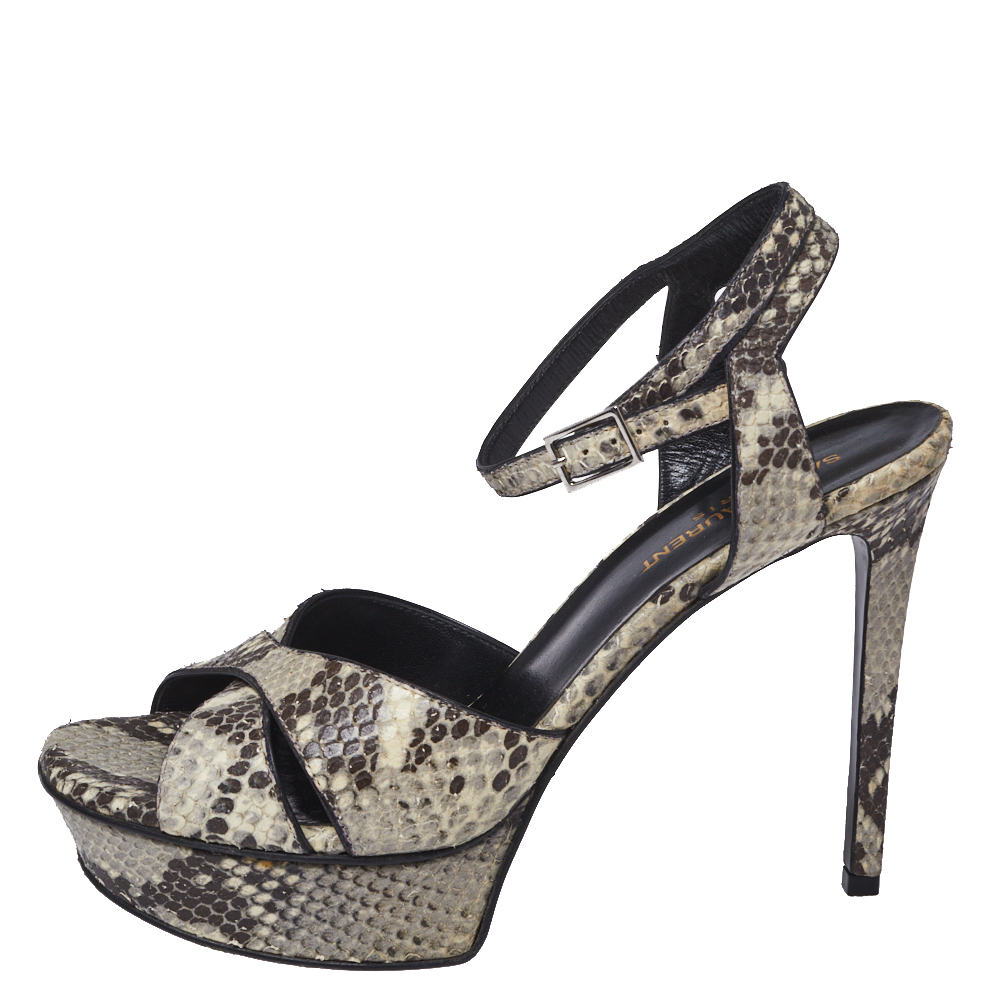 

Saint Laurent Paris Black/Beige Python Embossed Leather Bianca Platform Sandals Size