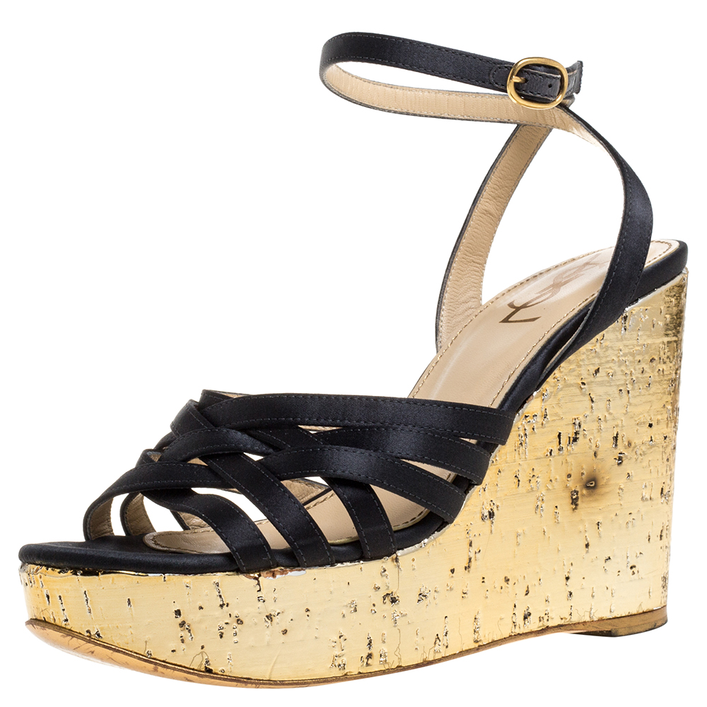 

Yves Saint Laurent Paris Dark Grey/Gold Satin Strappy Ankle Strap Wedge Sandals Size