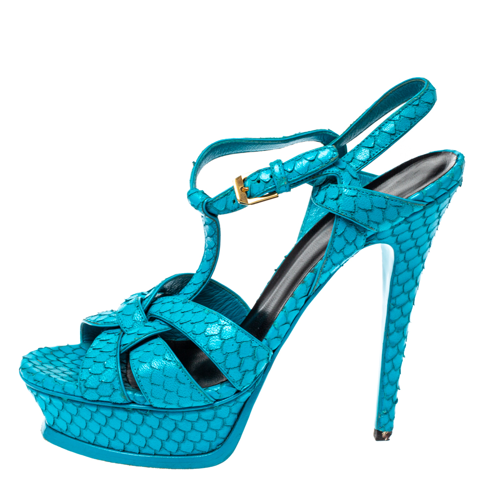 

Saint Laurent Paris Turquoise Croc Embossed Leather Tribute Platform Sandals Size, Blue