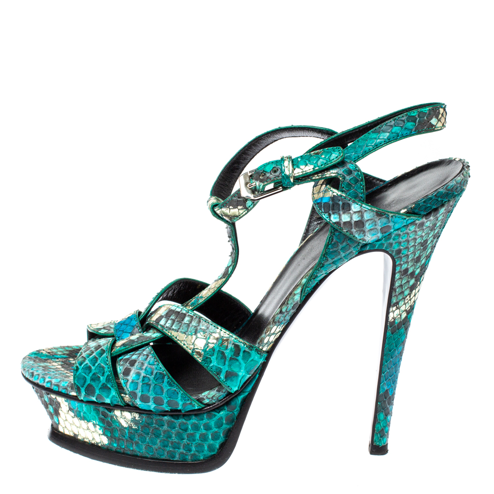 

Saint Laurent Paris Green Snakeskin Tribute Platform Sandals Size