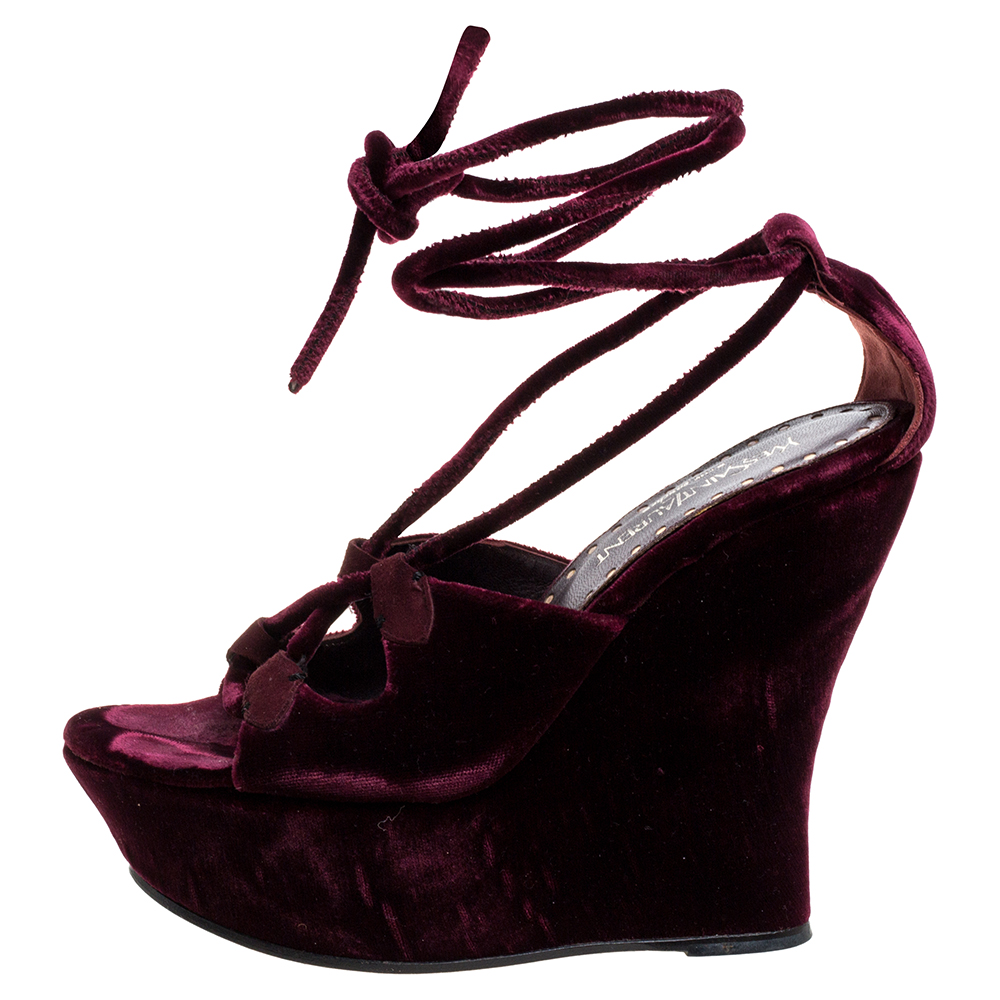 

Saint Laurent Paris Burgundy Velvet Lace Up Platform Wedge Sandals Size