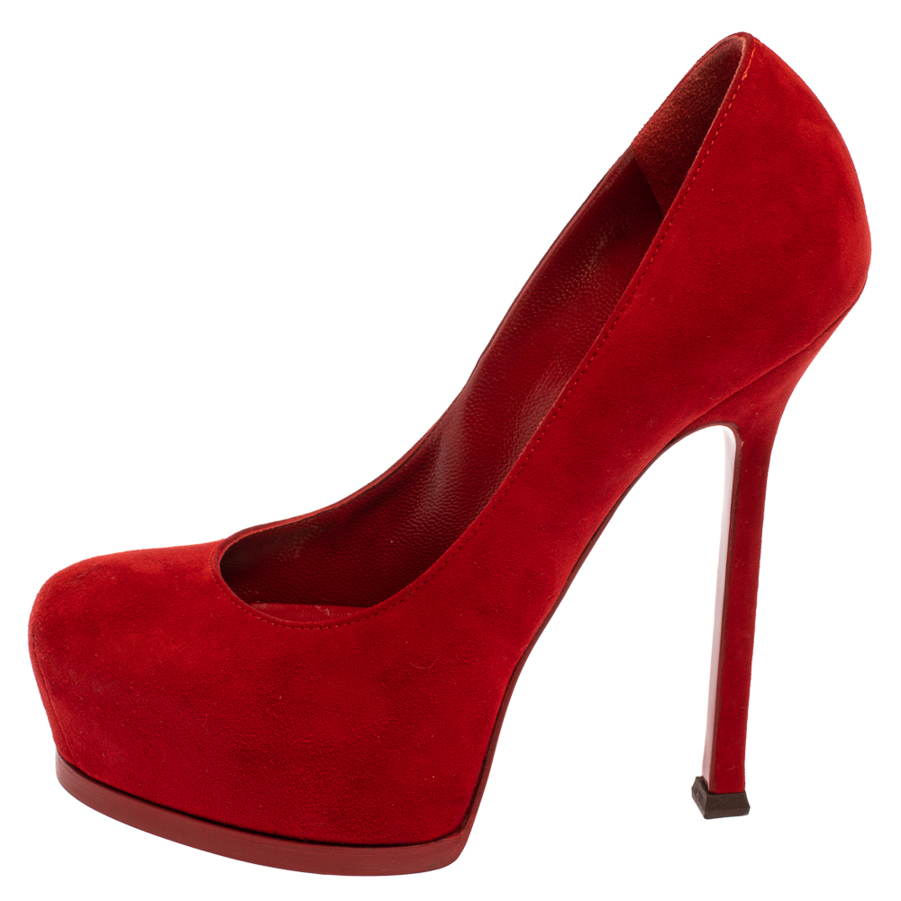 

Saint Laurent Paris Red Suede Leather Tribtoo Platform Pumps Size