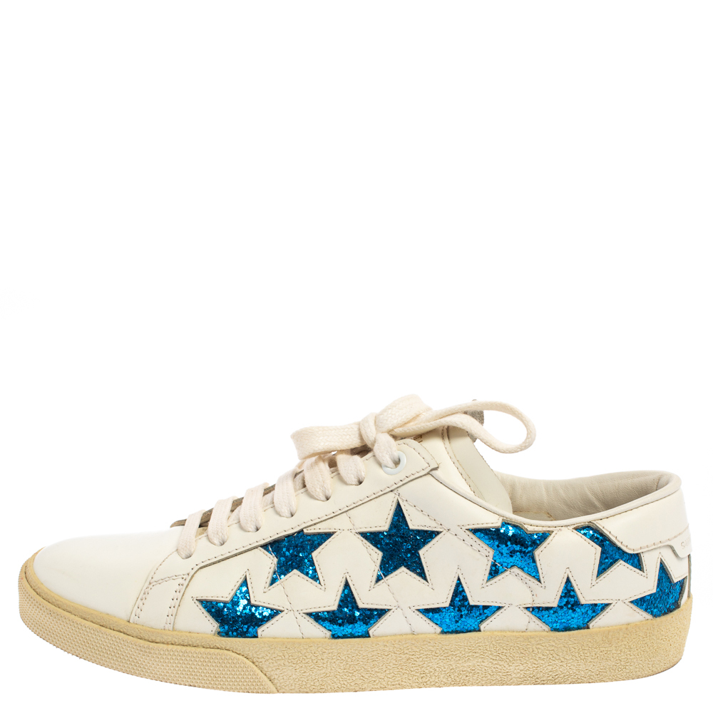 

Saint Laurent White/Blue Leather And Glitter Court Classic California Sneakers Size