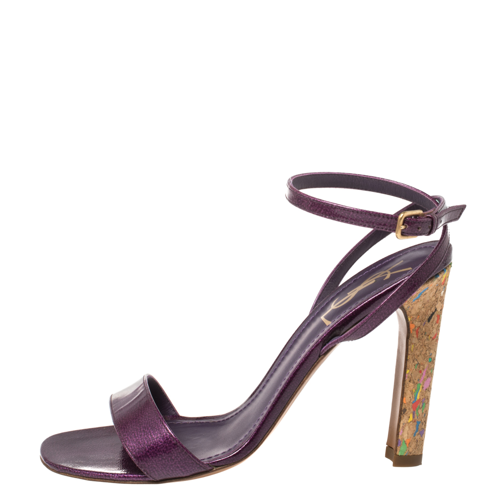 

Saint Laurent Purple Textured Patent Leather Cork Heel Ankle Wrap Sandals Size
