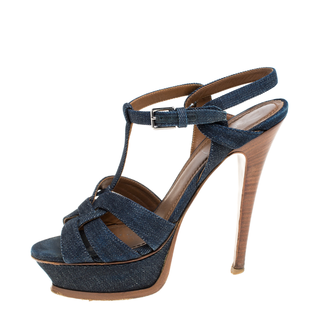 

Saint Laurent Navy Blue Denim and Leather Tribute Platform Sandals Size