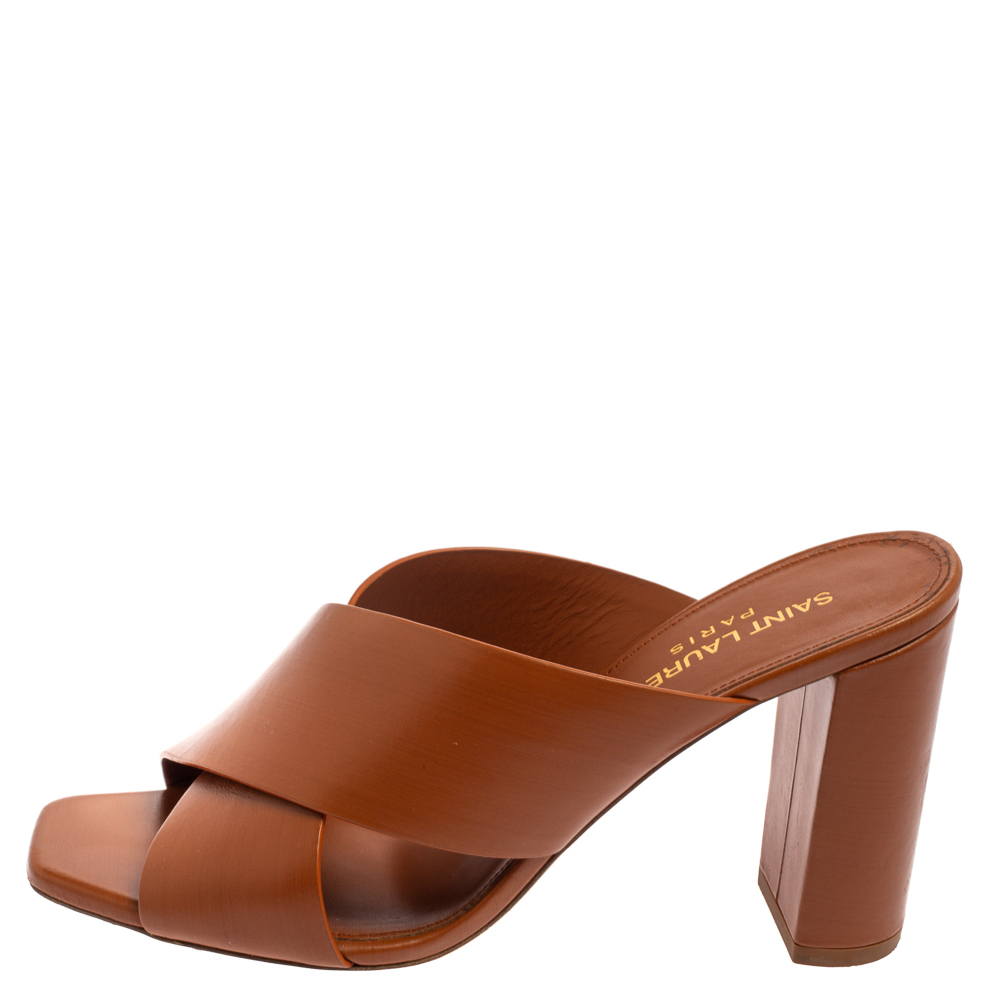 

Saint Laurent Brown Leather Lou Lou Cross Strap Mules Size