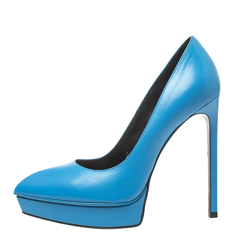 

Saint Laurent Blue Leather Janis Pointed Toe Platform Pumps Size