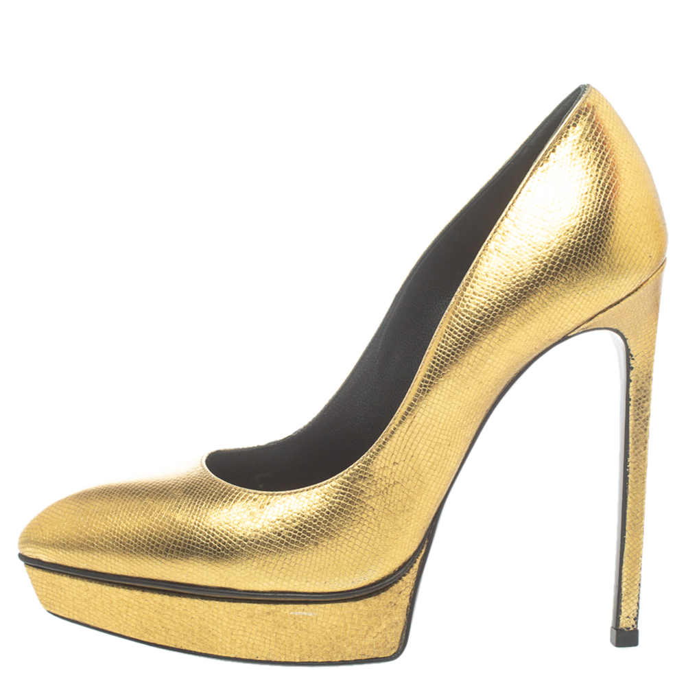 

Saint Laurent Paris Metallic Gold Leather Janis Pointed Toe Platform Pumps Size