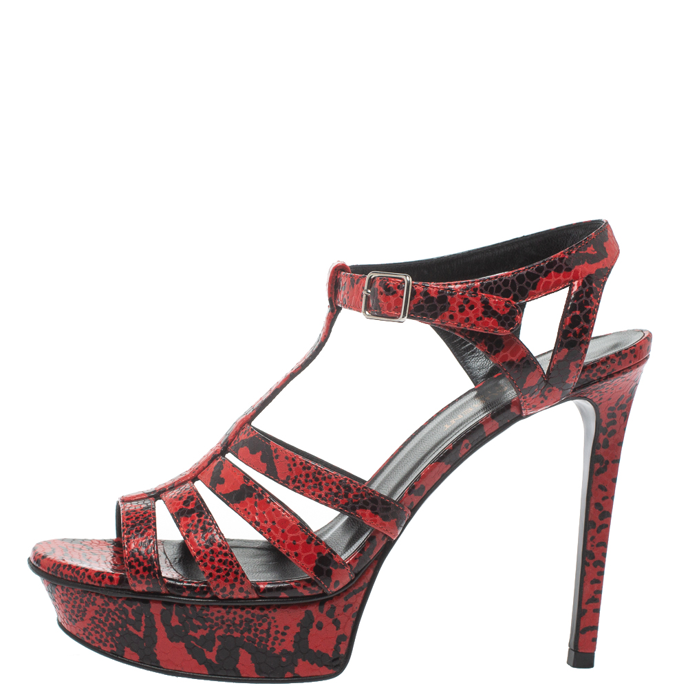 

Saint Laurent Paris Red/Black Embossed Python Leather Tribute Platform Sandals Size