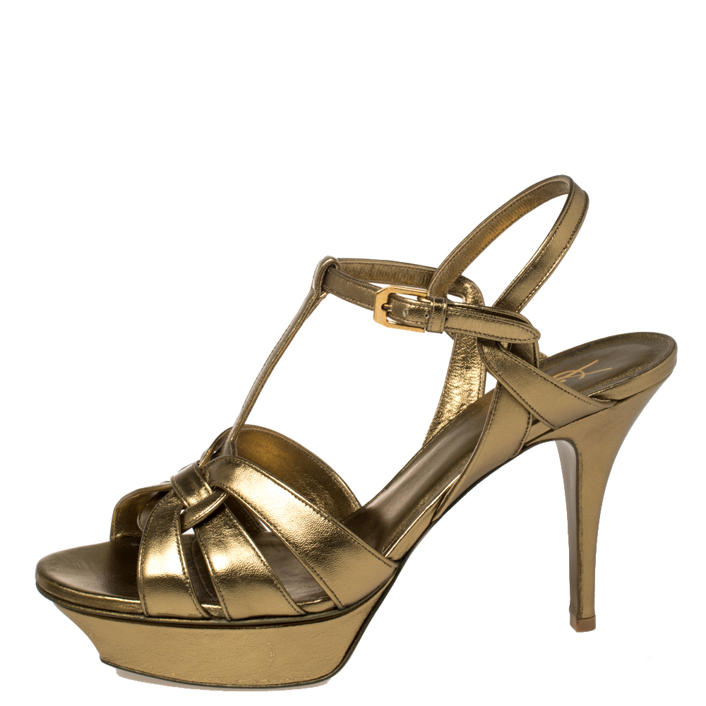 

Saint Laurent Metallic Gold Leather Tribute Platform Sandals Size