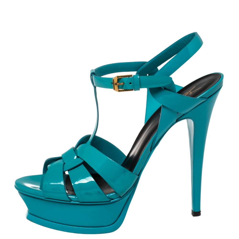 

Saint Laurent Teal Patent Leather Tribute Platform Sandals Size, Green