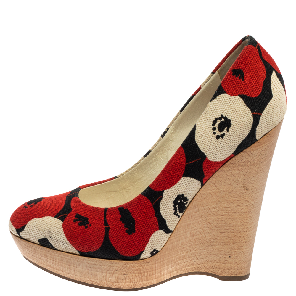 

Saint Laurent Red And White Printed Canvas Wedge Platform Pumps Size