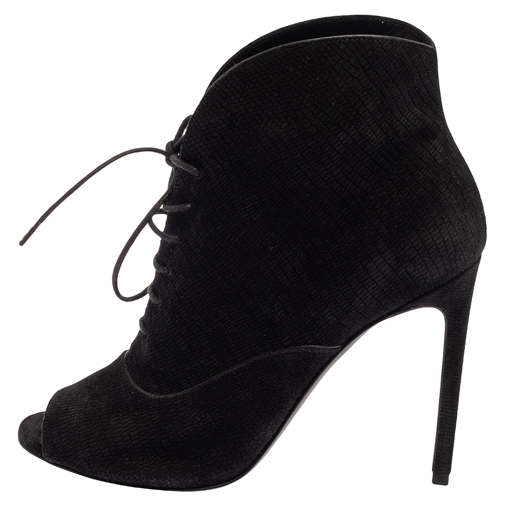 

Saint Laurent Black Nubuck Lace Up Peep Toe Booties Size