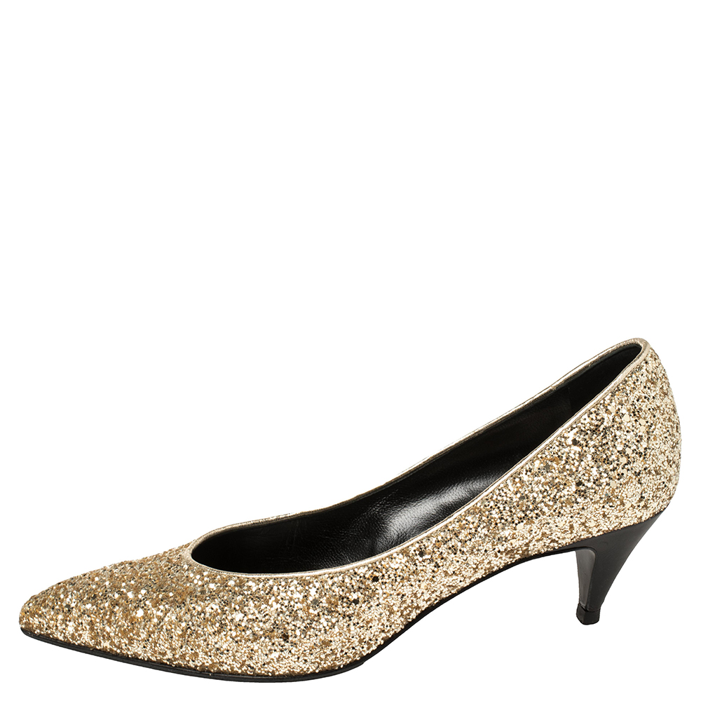 

Saint Laurent Gold Glitter Charlotte Pumps Size