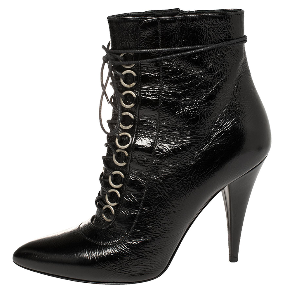 

Saint Laurent Black Leather Lace Up Pointed Toe Ankle Booties Size