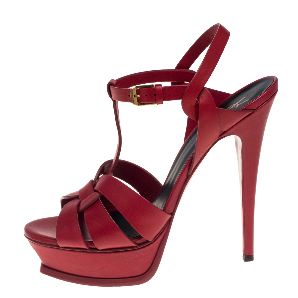 

Saint Laurent Red Leather Tribute Platform Ankle Strap Sandals Size