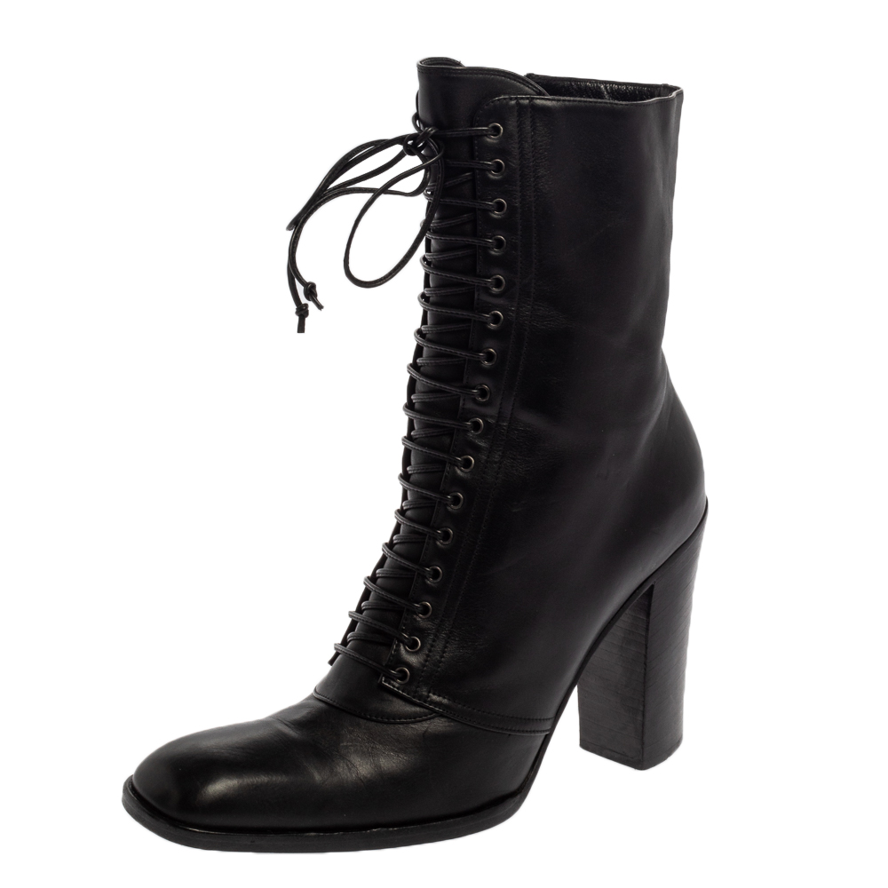 Pre-owned Saint Laurent Black Leather Zipper Detail Boots Size 37