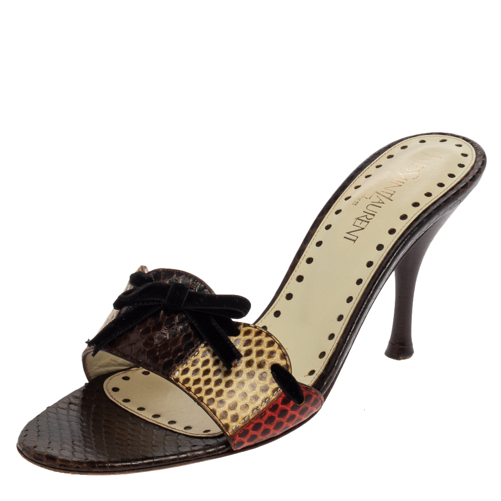 Pre-owned Saint Laurent Multicolor Snakeskin Bow Slide Sandals Size 36