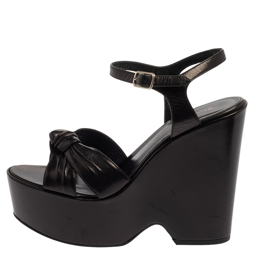 

Saint Laurent Black Leather Bianca Ankle Strap Platform Sandals Size