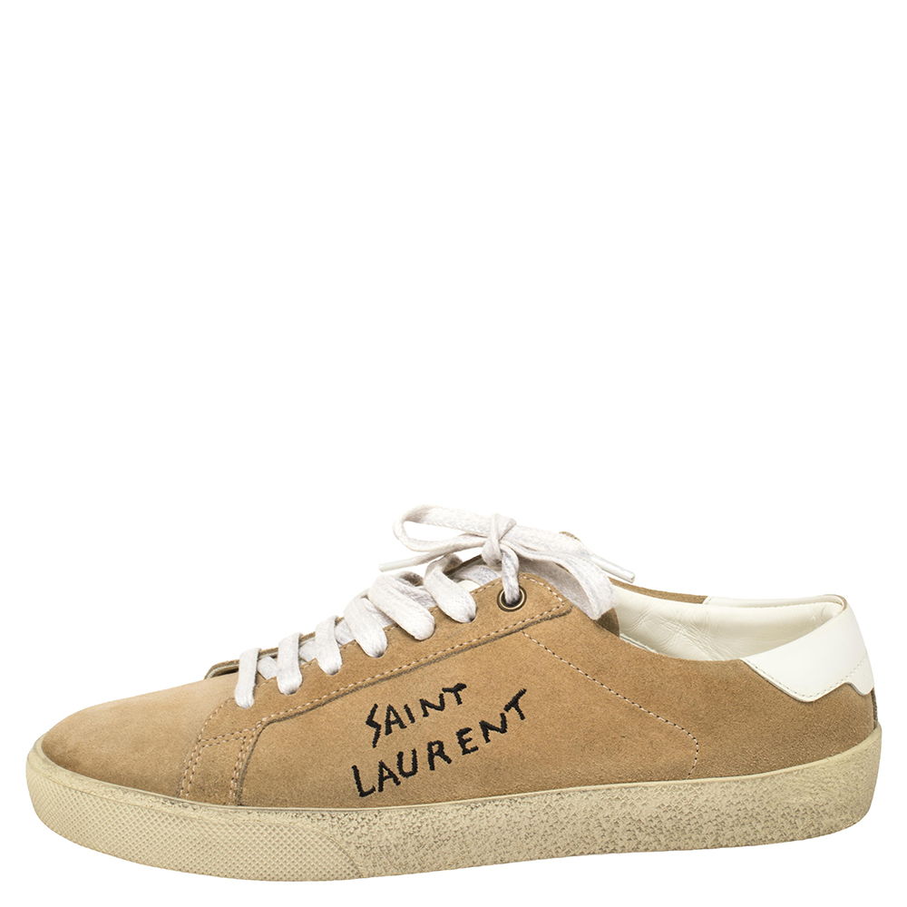 

Saint Laurent Beige Suede Court Classic Logo Sneakers Size