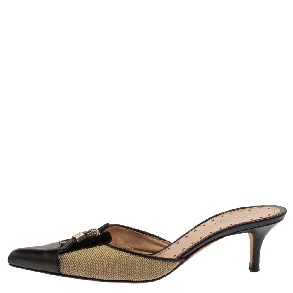 

Saint Laurent Beige/Black Canvas And Leather Pointed Toe Mules Size