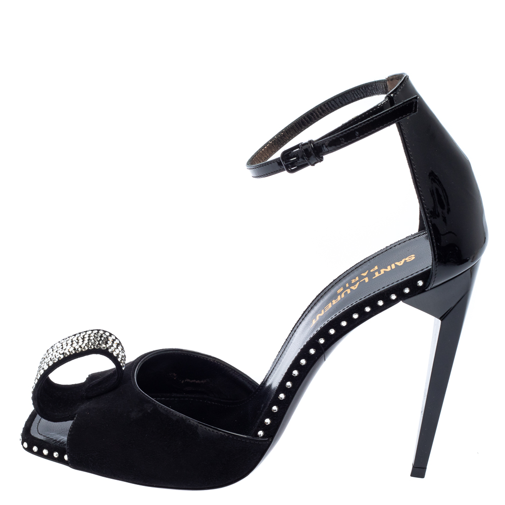 

Saint Laurent Black Suede And Patent Leather Crystal Embellished Sandals Size